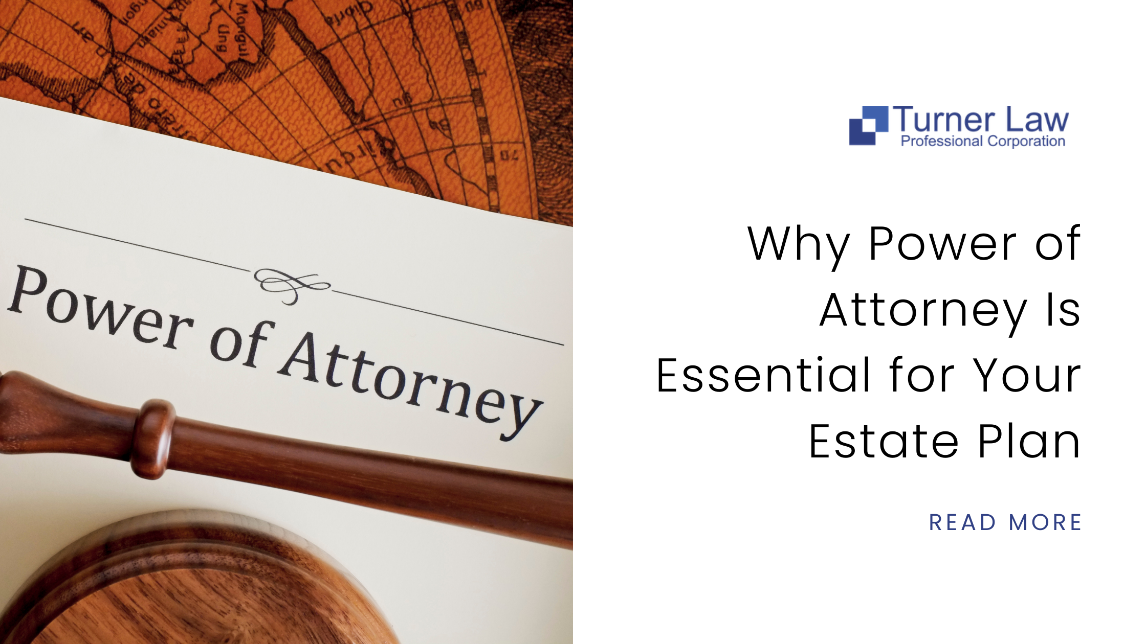 A power of attorney document and a gavel on top with the business logo, blog title, and read more option.
